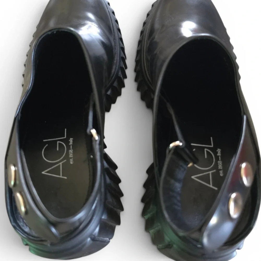 AGL Tiggy Womens Size 39 Black Leather Slingback Platform Mule Chunky Block Heel
